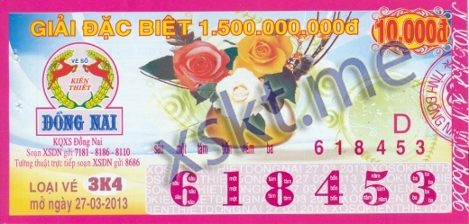 Mẫu vé sô xổ số Đồng Nai ngày 27/3/2013