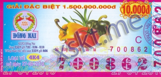 Mẫu vé sô xổ số Đồng Nai ngày 27/4/2016
