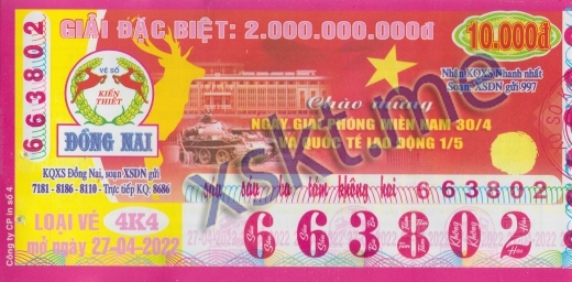 Mẫu vé sô xổ số Đồng Nai ngày 27/4/2022