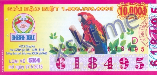 Mẫu vé sô xổ số Đồng Nai ngày 27/5/2015
