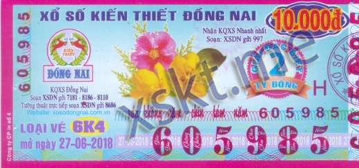 Mẫu vé sô xổ số Đồng Nai ngày 27/6/2018