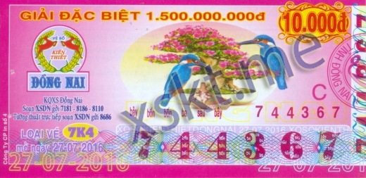 Mẫu vé sô xổ số Đồng Nai ngày 27/7/2016