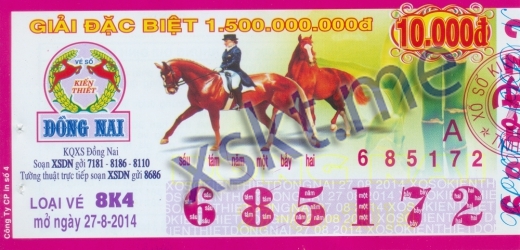 Mẫu vé sô xổ số Đồng Nai ngày 27/8/2014