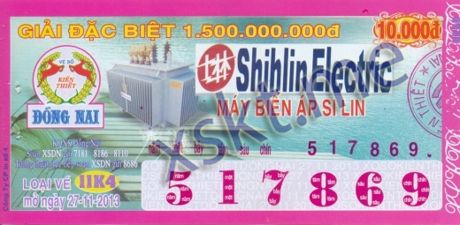 Mẫu vé sô xổ số Đồng Nai ngày 27/11/2013