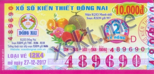 Mẫu vé sô xổ số Đồng Nai ngày 27/12/2017