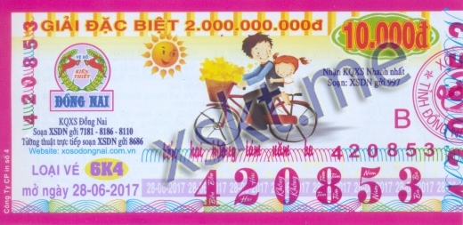 Mẫu vé sô xổ số Đồng Nai ngày 28/6/2017