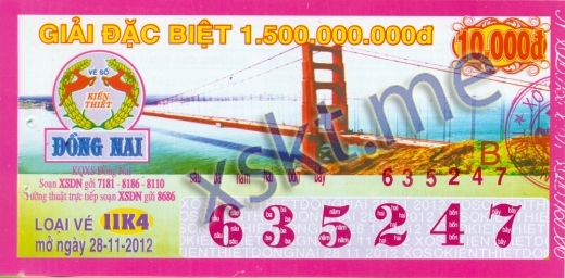 Mẫu vé sô xổ số Đồng Nai ngày 28/11/2012