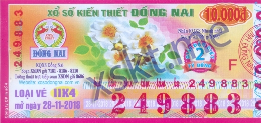 Mẫu vé sô xổ số Đồng Nai ngày 28/11/2018