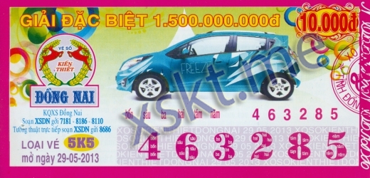 Mẫu vé sô xổ số Đồng Nai ngày 29/5/2013