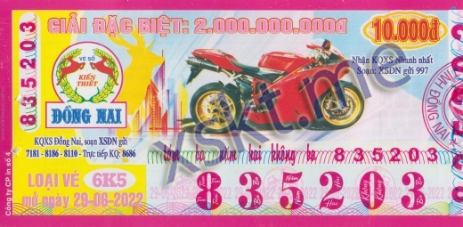 Mẫu vé sô xổ số Đồng Nai ngày 29/6/2022