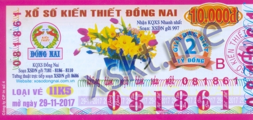 Mẫu vé sô xổ số Đồng Nai ngày 29/11/2017