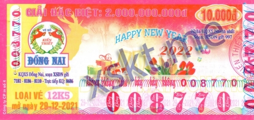 Mẫu vé sô xổ số Đồng Nai ngày 29/12/2021