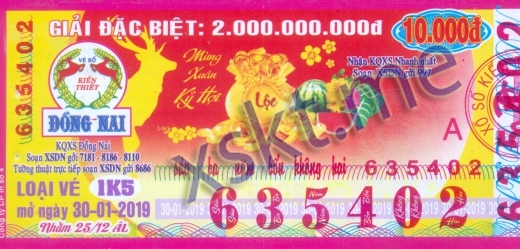Mẫu vé sô xổ số Đồng Nai ngày 30/1/2019