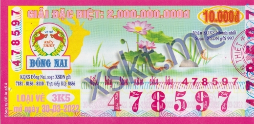 Mẫu vé sô xổ số Đồng Nai ngày 30/3/2022