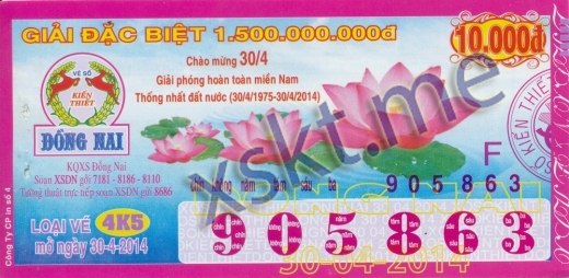 Mẫu vé sô xổ số Đồng Nai ngày 30/4/2014