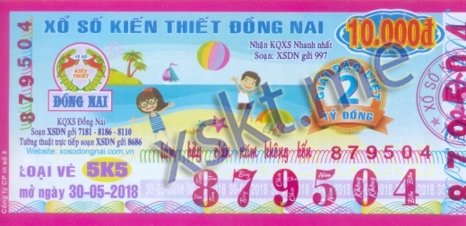 Mẫu vé sô xổ số Đồng Nai ngày 30/5/2018