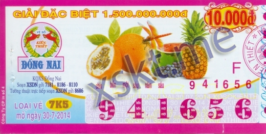Mẫu vé sô xổ số Đồng Nai ngày 30/7/2014