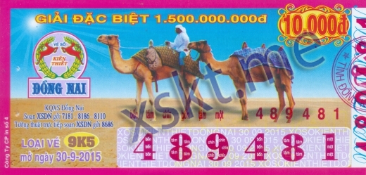 Mẫu vé sô xổ số Đồng Nai ngày 30/9/2015