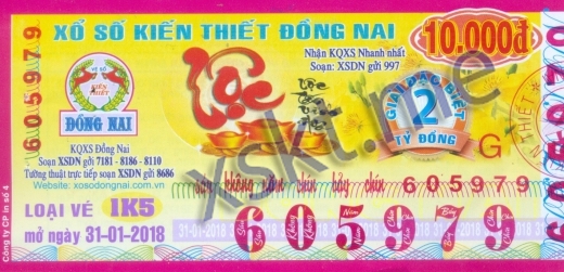 Mẫu vé sô xổ số Đồng Nai ngày 31/1/2018