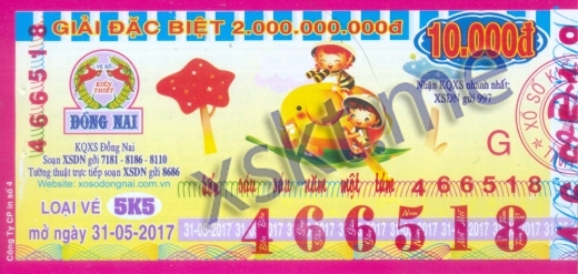 Mẫu vé sô xổ số Đồng Nai ngày 31/5/2017