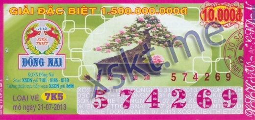 Mẫu vé sô xổ số Đồng Nai ngày 31/7/2013