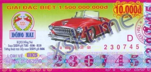 Mẫu vé sô xổ số Đồng Nai ngày 31/8/2016
