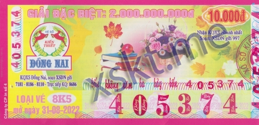 Mẫu vé sô xổ số Đồng Nai ngày 31/8/2022