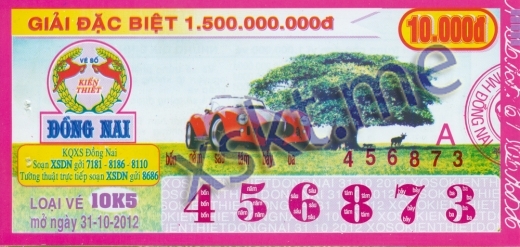 Mẫu vé sô xổ số Đồng Nai ngày 31/10/2012