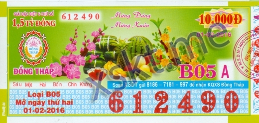 Mẫu vé sô xổ số Đồng Tháp ngày 1/2/2016
