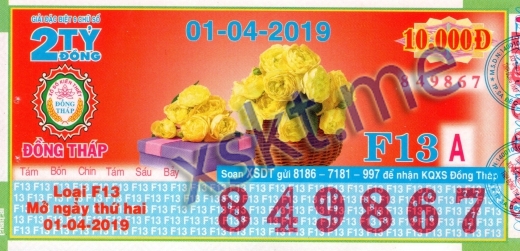 Mẫu vé sô xổ số Đồng Tháp ngày 1/4/2019