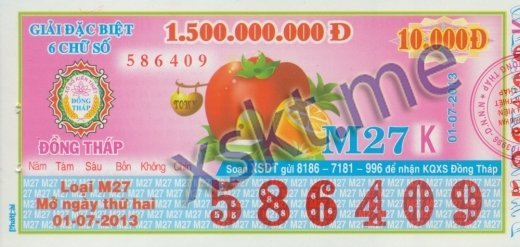 Mẫu vé sô xổ số Đồng Tháp ngày 1/7/2013