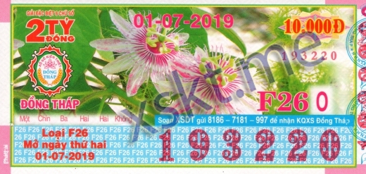 Mẫu vé sô xổ số Đồng Tháp ngày 1/7/2019