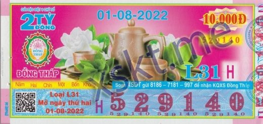 Mẫu vé sô xổ số Đồng Tháp ngày 1/8/2022