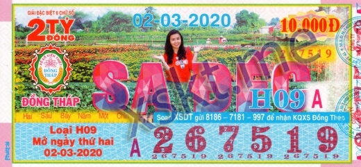 Mẫu vé sô xổ số Đồng Tháp ngày 2/3/2020