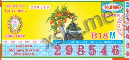 Mẫu vé sô xổ số Đồng Tháp ngày 2/5/2016
