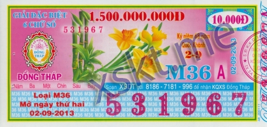 Mẫu vé sô xổ số Đồng Tháp ngày 2/9/2013