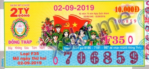 Mẫu vé sô xổ số Đồng Tháp ngày 2/9/2019