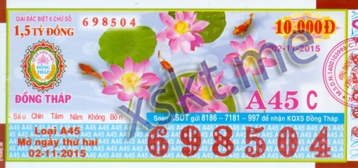 Mẫu vé sô xổ số Đồng Tháp ngày 2/11/2015
