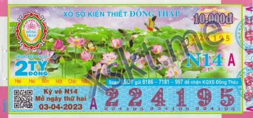 Mẫu vé sô xổ số Đồng Tháp ngày 3/4/2023