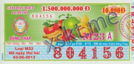Mẫu vé sô xổ số Đồng Tháp ngày 3/6/2013