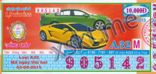 Mẫu vé sô xổ số Đồng Tháp ngày 3/8/2015