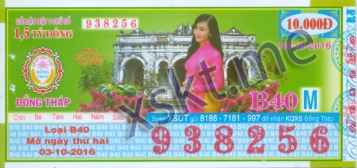 Mẫu vé sô xổ số Đồng Tháp ngày 3/10/2016