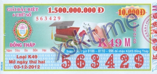 Mẫu vé sô xổ số Đồng Tháp ngày 3/12/2012