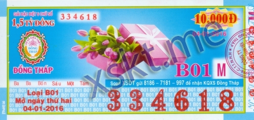 Mẫu vé sô xổ số Đồng Tháp ngày 4/1/2016