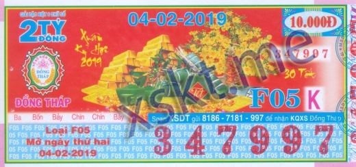 Mẫu vé sô xổ số Đồng Tháp ngày 4/2/2019