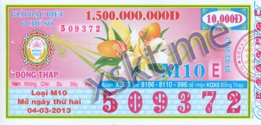 Mẫu vé sô xổ số Đồng Tháp ngày 4/3/2013
