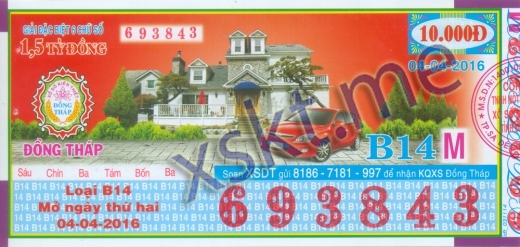 Mẫu vé sô xổ số Đồng Tháp ngày 4/4/2016