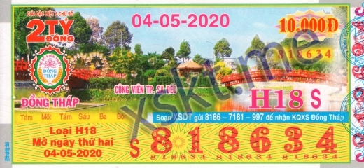 Mẫu vé sô xổ số Đồng Tháp ngày 4/5/2020