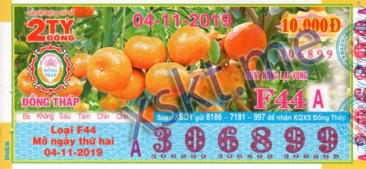 Mẫu vé sô xổ số Đồng Tháp ngày 4/11/2019