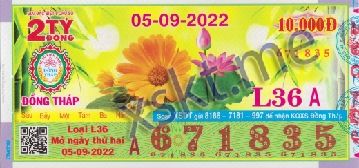 Mẫu vé sô xổ số Đồng Tháp ngày 5/9/2022